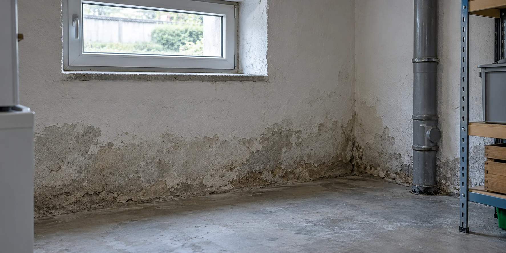 Kellerecke mit Feuchtigkeitsspuren an der Wand – KI-Symbolbild