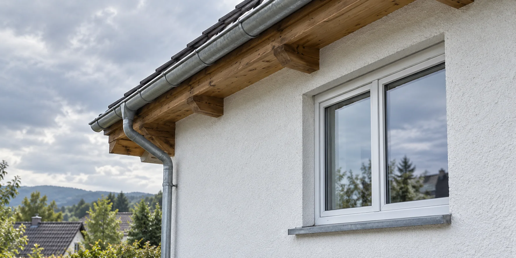 Fenster, Fassade und Dachanschluss eines Wohnhauses – KI-Symbolbild