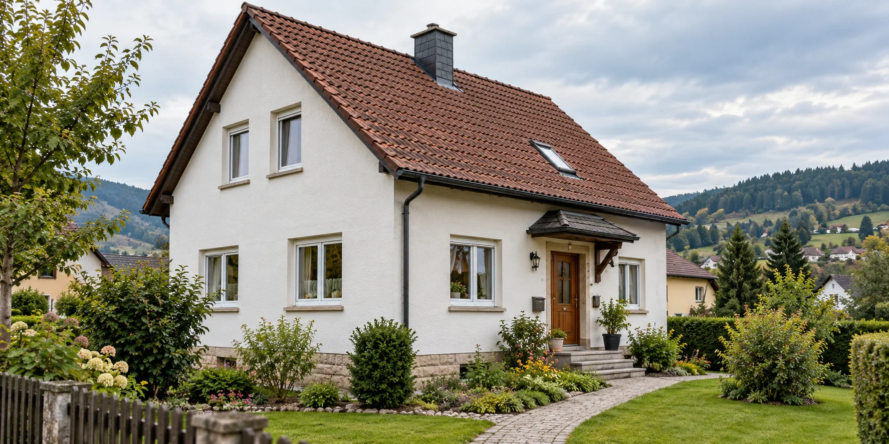 Bestehendes Einfamilienhaus mit Putzfassade und Ziegeldach – KI-Symbolbild